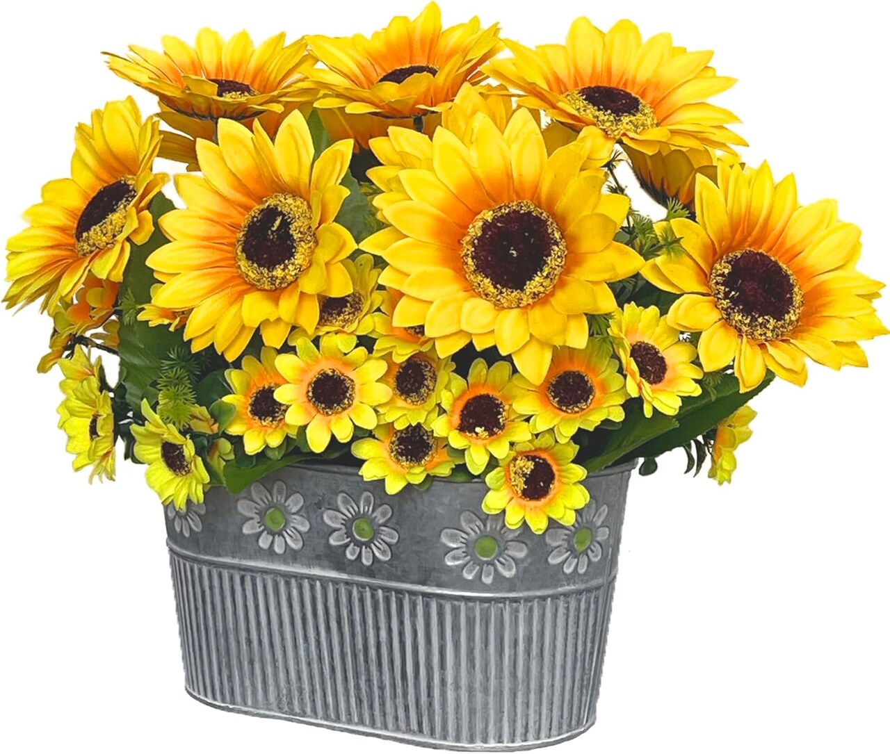 Spring Tabletop Decor – Artificial Sunflower Arrangement in Metal Basket with Eucalyptus Leaves & Mini Flowers, Realistic Faux Sunflower Floral Centerpiece for Dining Table, Coffee Table & Farmhouse Home Decor (11")